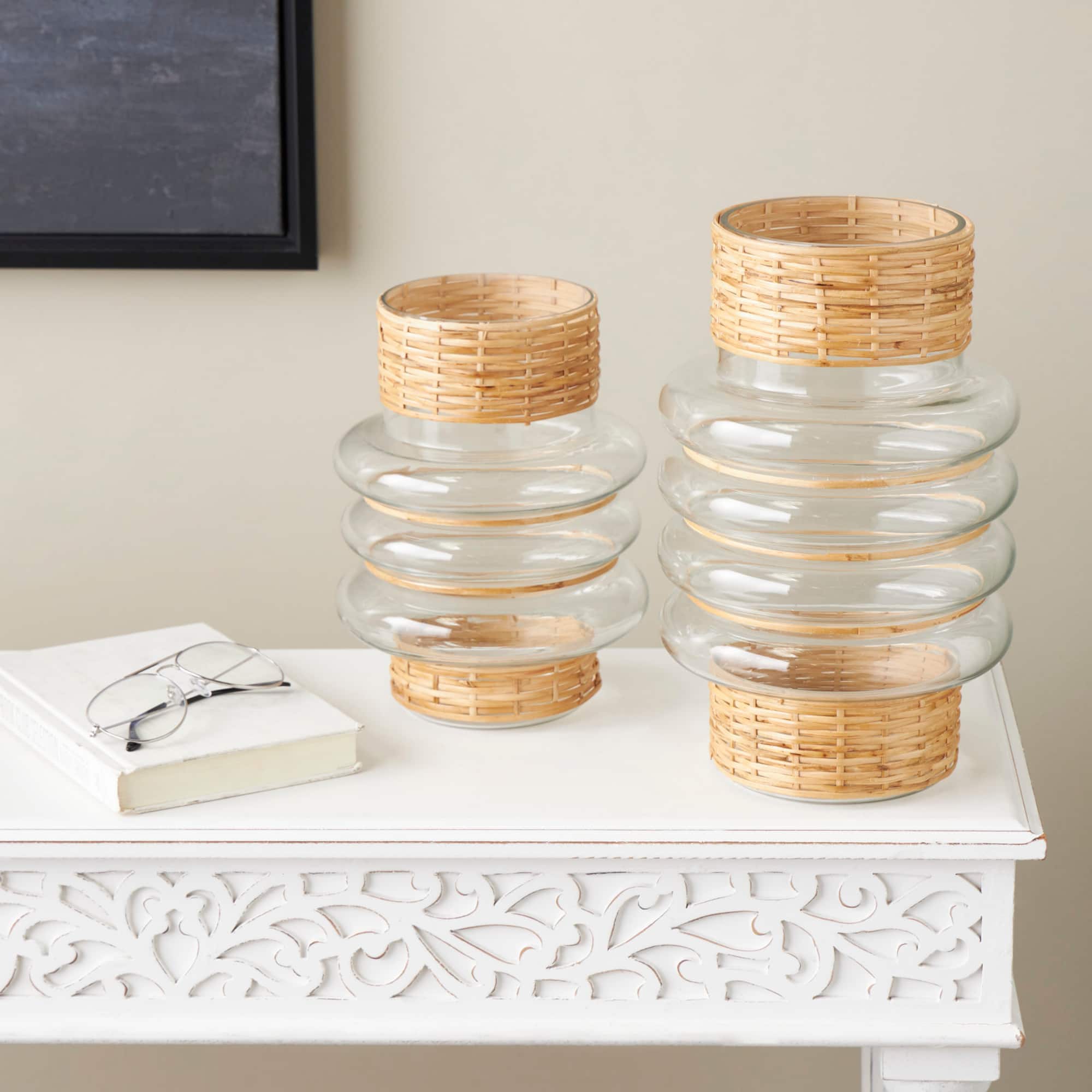 Clear Rattan Wrapped Glass Bubble Vase Set